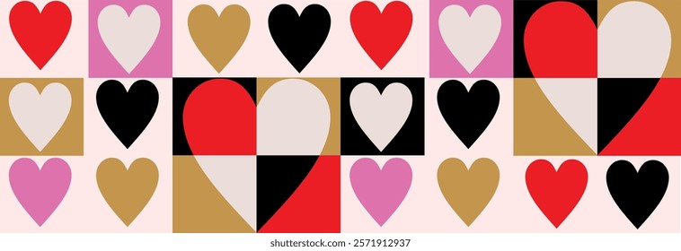 Romantic abstract geometric background. Heart shape retro scandinavian modern style banner. Simple graphic love pattern art flyer. Valentine's day concept event banner. Trendy vector illustration