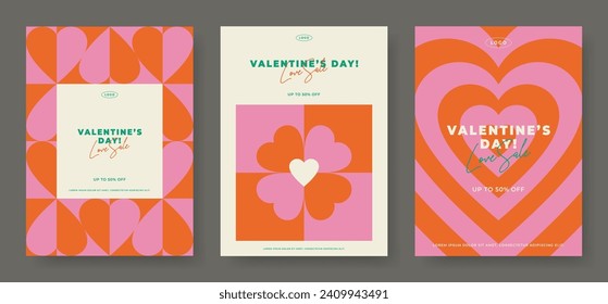 Romantic abstract geometric background set. Heart shape retro scandinavian modern style card. Simple graphic love pattern art flyer. Valentine's day concept event banner. Trendy vector illustration.