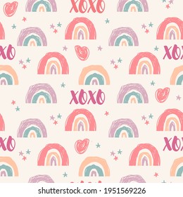 Romantic abstract girlish pattern in doodle style with XOXO message as a seamless texture for Valentines Day celebration design. Colorful vector illustration in pastel pink colors
