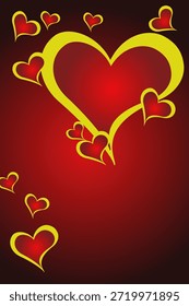 Romantic Abstract Heart Design with Dynamic Curved Lines Gradient red background, gold yellow heart, red.