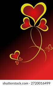 Romantic Abstract Heart Design with Dynamic Curved Lines Red and black gradient background, gold yellow heart, red.