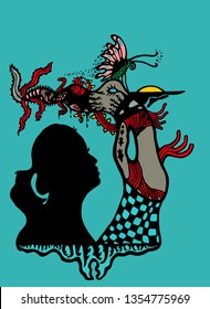 a romantic abstract illustration of woman silhouettes and beautiful tree and yellow moon above in the blue peacefully vector