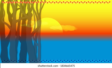 Romantic abstract landscape. Sunset with translucent trees, clouds and hearts. EPS10