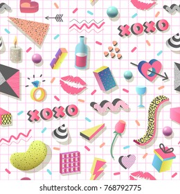 Romantic Abstract Seamless Pattern with Geometric Shapes, Hearts and Lips. Trendy 80s 90s Valentines Day Background for Fabric, Poster, Invitation Card. Vector illustration