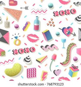 Romantic Abstract Seamless Pattern with Geometric Shapes, Hearts and Lips. Trendy 80s 90s Valentines Day Background for Fabric, Poster, Invitation Card. Vector illustration