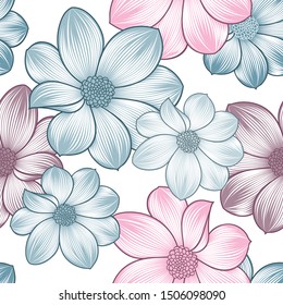 Romantic abstract seamless pattern with hand-drawn dahlia flowers. Vector floral elements for design of wallpapers, cards, greetings, invitations.