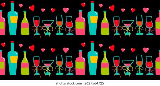 romantic abstract seamless pattern with wine bottles, glasses, hearts black background textile web design wallpaper