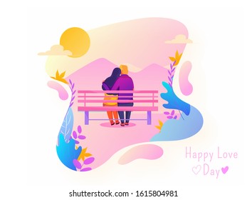 Romantic Abstract Sunny Landscape Background with Back View of Couple Hugging Sit on Bench for Happy Love Day.