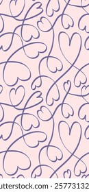 A romantic abstract vector seamless featuring single line doodle drawing multiple heart figures. Those simple blue handwriting shapes set on beige background, creating artistic effect.