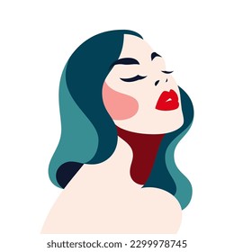 Mujer abstracta romántica con pelo ondulado azul labios rojos elegante avatar de arte pop plana