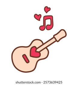 Romantic Acoustic Guitar with Music Notes and Hearts, valentine love concept