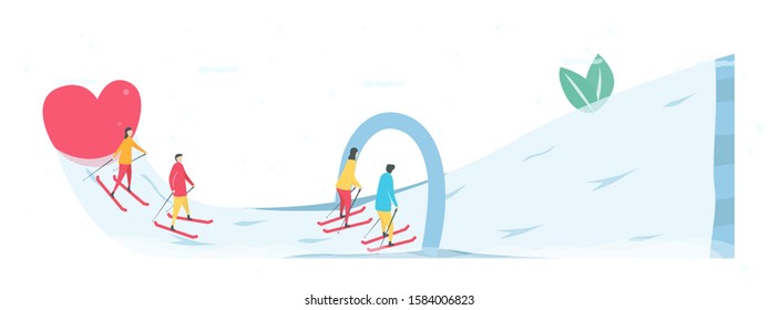 Romantic adults couple play ski in winter season. Character design of people. Vector illustration in flat style.