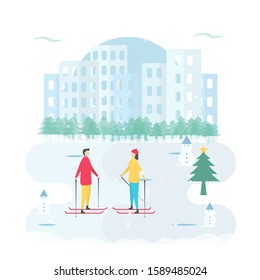 Romantic adults couple play ski in winter season. Character design of people. Vector illustration in flat style.