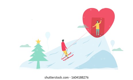 Romantic adults couple play ski. Character design of people in winter season. Vector illustration in flat style.