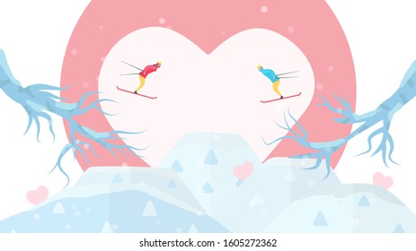Romantic adults couple play ski. Character design of people in winter season. Vector illustration in flat style.