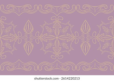 Romantic Aesthetic Hand Drawing Scroll Luxury Ornament with Royal Gold Line on Pale Dusty Lavender Background Pattern Seamless Border. Delicate Exquisite Filigree Fleur de lis Baroque Wallpaper Fabric
