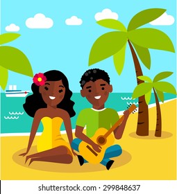 Romantic African American couple playing a guitar at the beach
African-American couple on a beach under a palm tree
