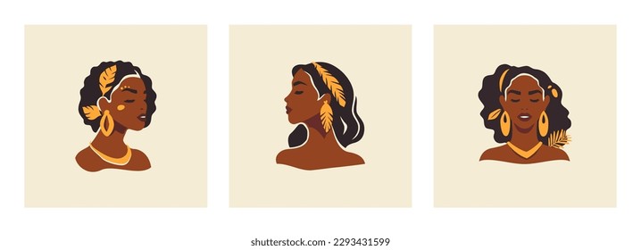 Romantic African woman face hair boho jewelry golden accessories minimal modern poster set vector flat illustration. Fashion Afro female black skin portrait tribal earrings feather leaf bohemian chic