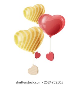 Romantic air balloons heart shape surprise with greeting card vector flat illustration. Saint Valentine's Day happy birthday love holiday wedding engagement celebrate party decorative element