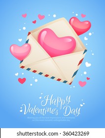 Romantic air mail letter opened envelope with hearts flying out retro postcard for Saint Valentine's Day 