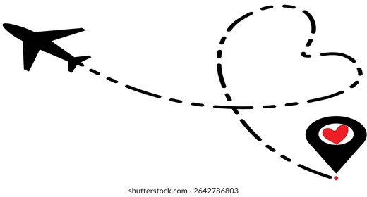 Avião Romântico Caminho de voo para destino. Um gráfico simples mostra um avião viajando ao longo de uma linha tracejada que forma um coração.