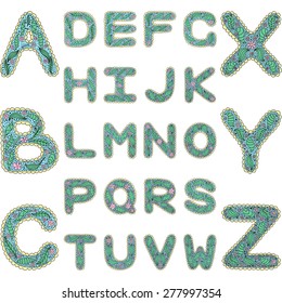 Romantic alphabet in style of hippie with flower patterns, hand drawn ABC, vector illustration