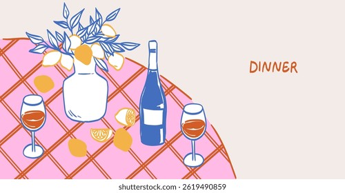 Cartaz de jantar estilo amalfi romântico, banner ou cartaz. Desenho de galho de vinho e limão para convite de festa de aniversário ou casamento. Mesa servida para dois, casais, jantar em família no restaurante, café ou casa