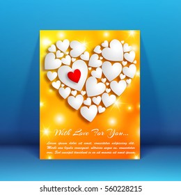Romantic amour flyer with greeting inscription and white hearts composition on orange light background isolated vector illustration