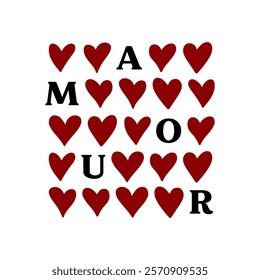 Romantic Amour Paris slogan text. Love typography for t-shirt print, fashion apparel, and Valentine's card design.