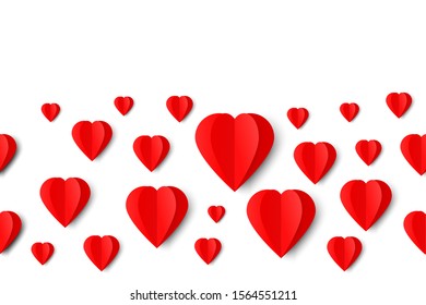 Romantic amourous seamless pattern with paper red hearts on white background. Vector illustration