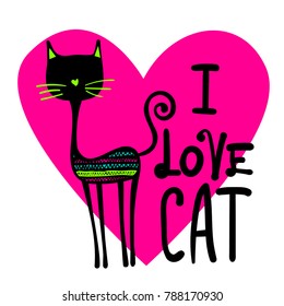 Romantic animal illustration with decorative graceful black kity on white background,big pink heart, lettering composition I love cat. childish cartoon style. girlish t shirt design. 