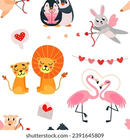 Romantic animals seamless pattern. Cartoon animal in love fabric childish print. Happy valentine day texture with cute wild characters classy vector template