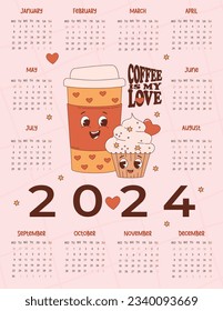 Romantic annual calendar 2024 Cute retro couple coffee paper cup and cream cupcake. Vector vertical template 12 months in English. Week starts Monday. Cool Stationery coffee lover. Coffee is my love