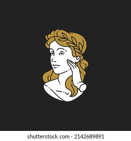 Romantic antique female goddess bust blonde hair wearing olive wreath touching face applying cream icon vector illustration. Medieval woman with natural beauty enjoy spa wellness skincare outline logo