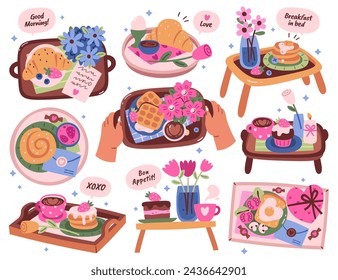 Romantic appetizing delicious breakfast in bed isolated set. Served tray with food, sweets, drinks, flower decoration and lovers paper message. Cozy weekend morning rituals vector illustration