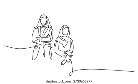 Romantic Arab couple in continuous one line drawing. Husband and wife in traditional dress love and family vector illustration.