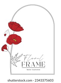 Romantischer Bogenrahmen mit roten Pappchen. Blumendesign für Labels, Markenidentität, Hochzeitseinladung.  Vektorgrafik.