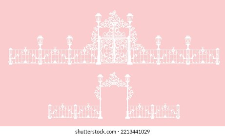 romantic arch gate with rose flowers decor and fence border with street lights for wedding ceremony - vector silhouette design for invitation or greeting card