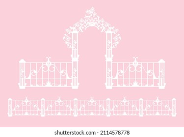 Romantic Arch With Rose Flowers Decor And Fence Border For Wedding Ceremony - Vector Silhouette Design For Invitation Or Greeting Card