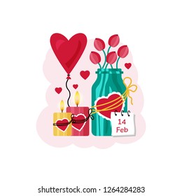 Romantic ard for Valentine's Day. Tulips in a can, candles with hearts and a heart-shaped balloon. Vector illustration in flat style.
