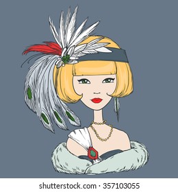 Romantic art deco woman with feather hat. Vector illustration