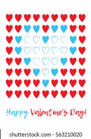 Romantic art design for greeting or love card or poster for happy St. Valentines day. Brush painted style red blue heart elements in shape of heart on white background. Love graphics