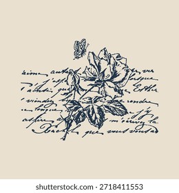 A romantic and artistic composition of a blooming rose and a small butterfly over antique handwriting.