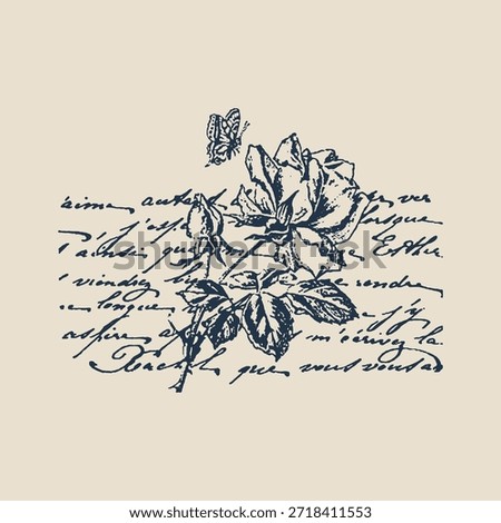 A romantic and artistic composition of a blooming rose and a small butterfly over antique handwriting.