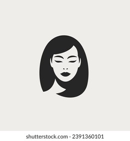 Joven mujer romántica asiática brunette de pelo retrato de icono blanco y negro vector ilustración plana. Elegante cara femenina minimalista estético logo salón de belleza coiffuro peluquería cosmetología de cuidado de la piel