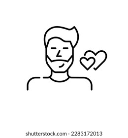 Atracción romántica. Joven y dos corazones símbolo de amor. Icono de línea de dibujo de píxeles perfecto, modificable