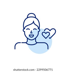 Romantic attraction. Young woman and two hearts symbol of love. Pixel perfect, editable stroke line art icon