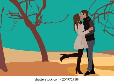 Romantic Autumn Fall In Love Couple Kissing. Love Story On October Ilustration Vector