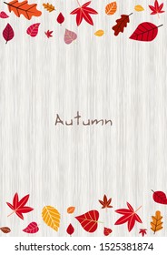 Romantic autumn leaves on white wood wallpaper vector background.