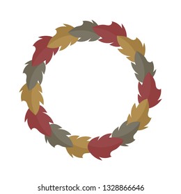 Romantic autumn template with an isolated round wreath of yellow, green and red leaves. Pastel colours. White background. Flat cartoon style vector illustration.